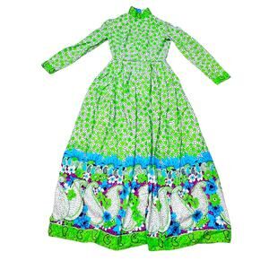 Vintage 60s Bullocks Wilshire Dress Size 00 Blue Green Floral Polka Dot Abstract